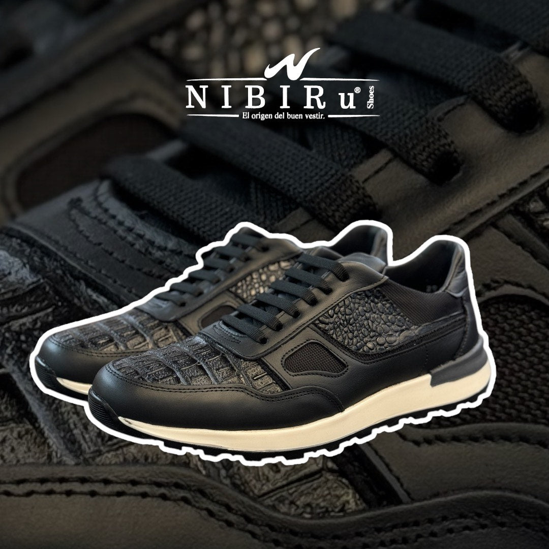 tenis de piel napa negro / piel grabado de cocodrilo / mod 6034