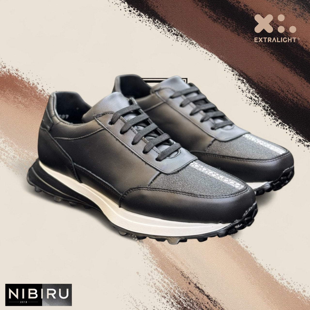 sneaker de piel napa negro / grabado piel exotica de mantarraya reyna 20k suela extraligera