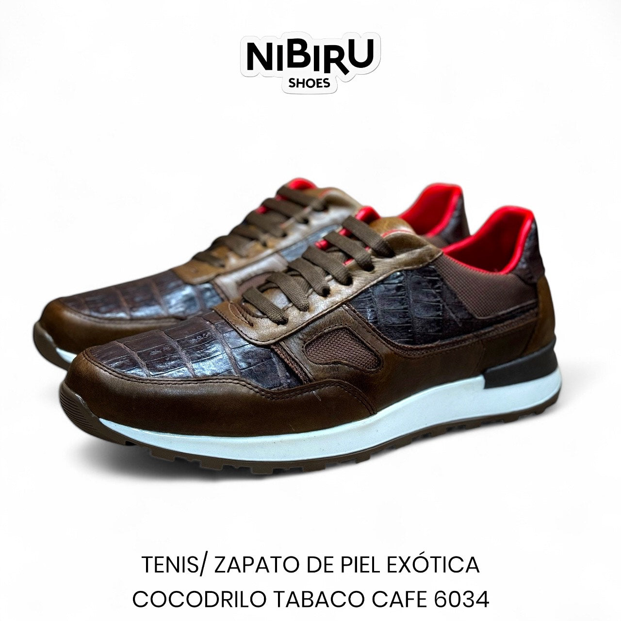 tenis de piel pull up tabaco cafe / piel legitima de cocodrilo cafe tabaco forro piel rojo ferrari 6034