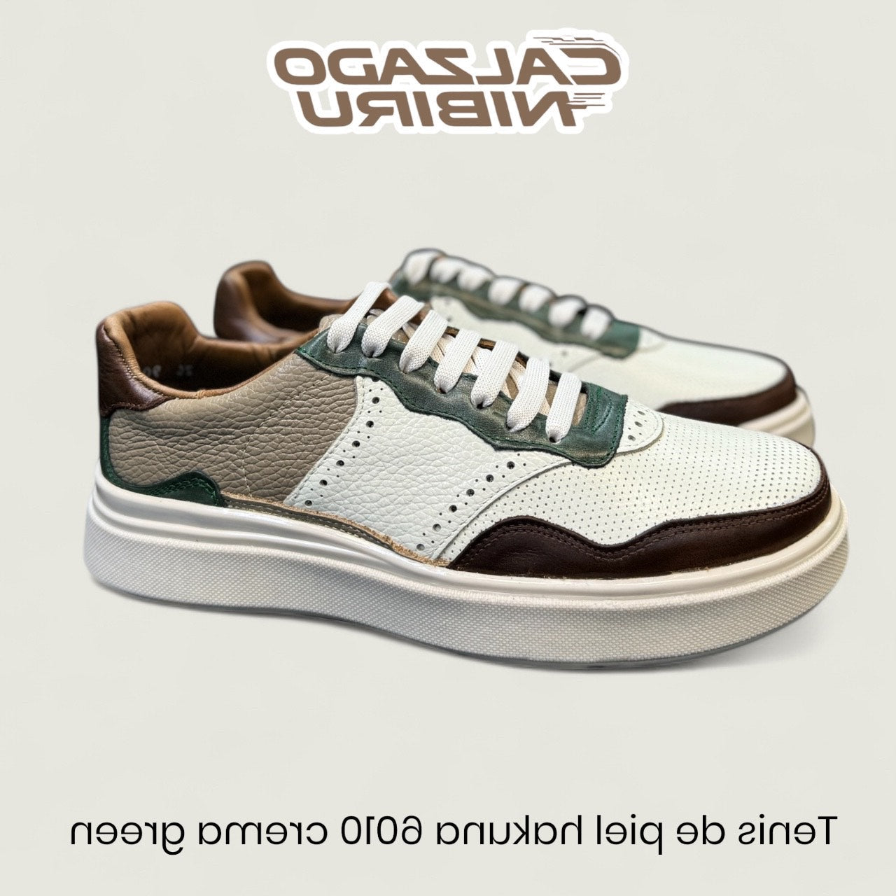 sneaker de piel venado crema perla / piel moca aplicacion green olive 6010
