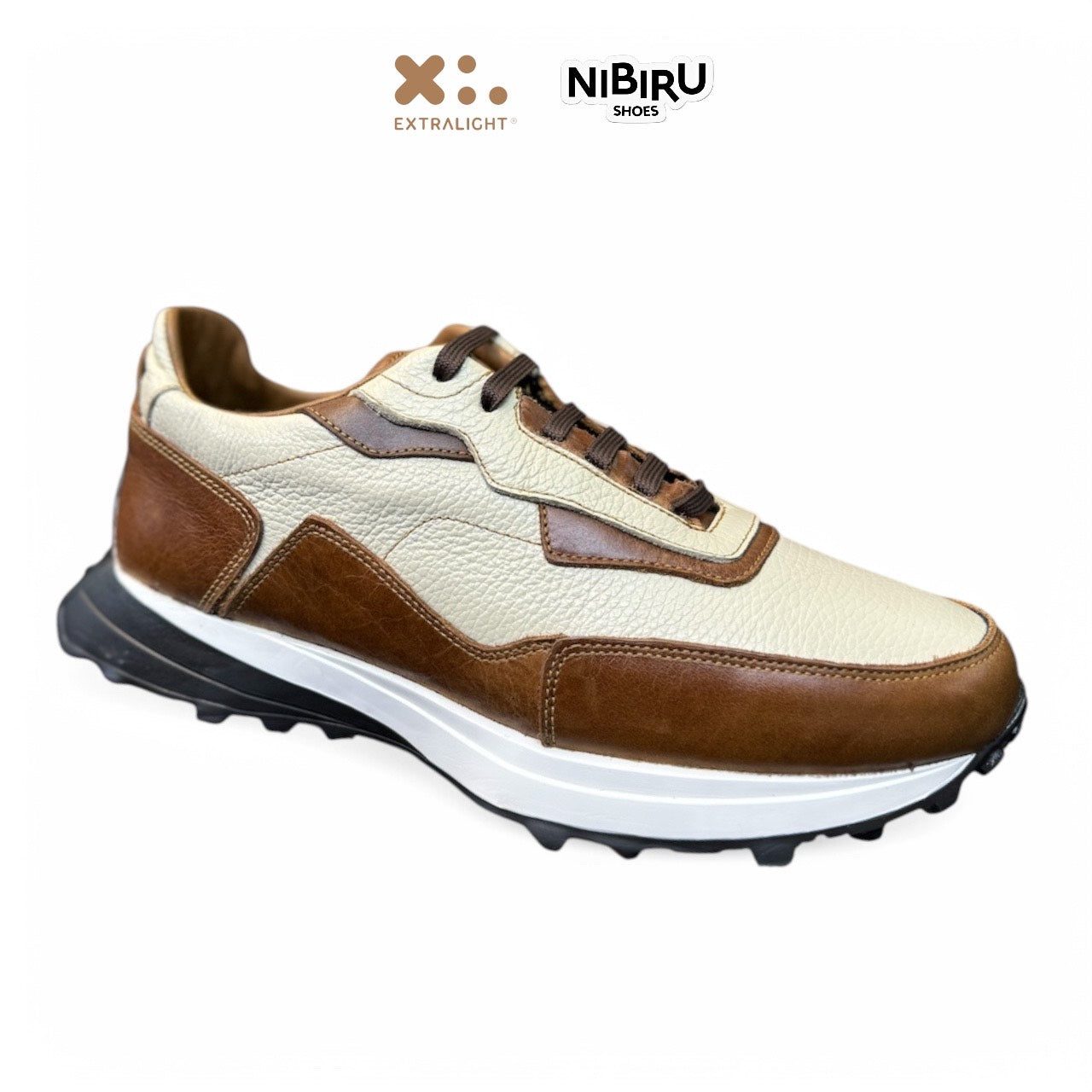 sneaker de piel de venado cream con piel brandy suela extraligera mod 20k99