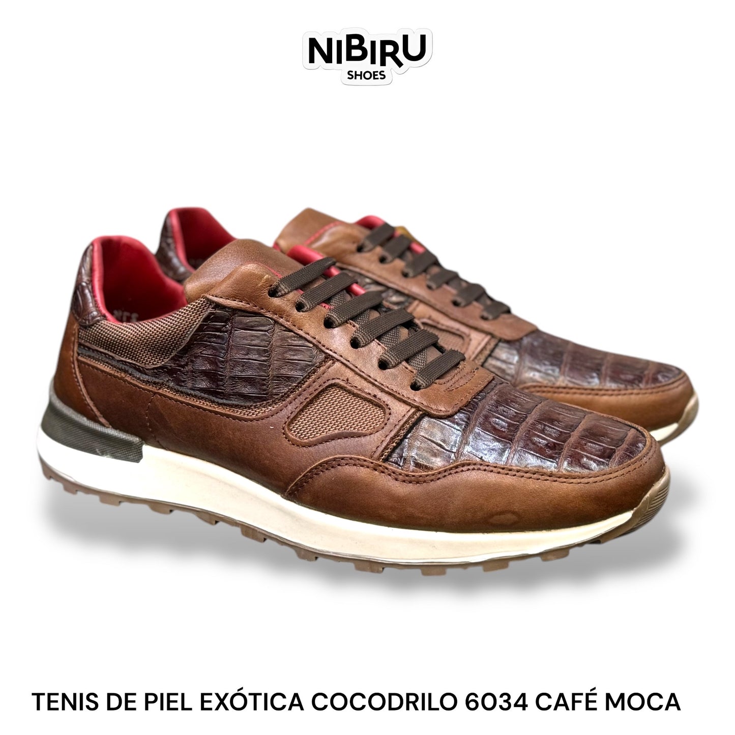 tenis de piel pull up tabaco cafe / piel legitima de cocodrilo cafe tabaco forro piel rojo manzana 6034