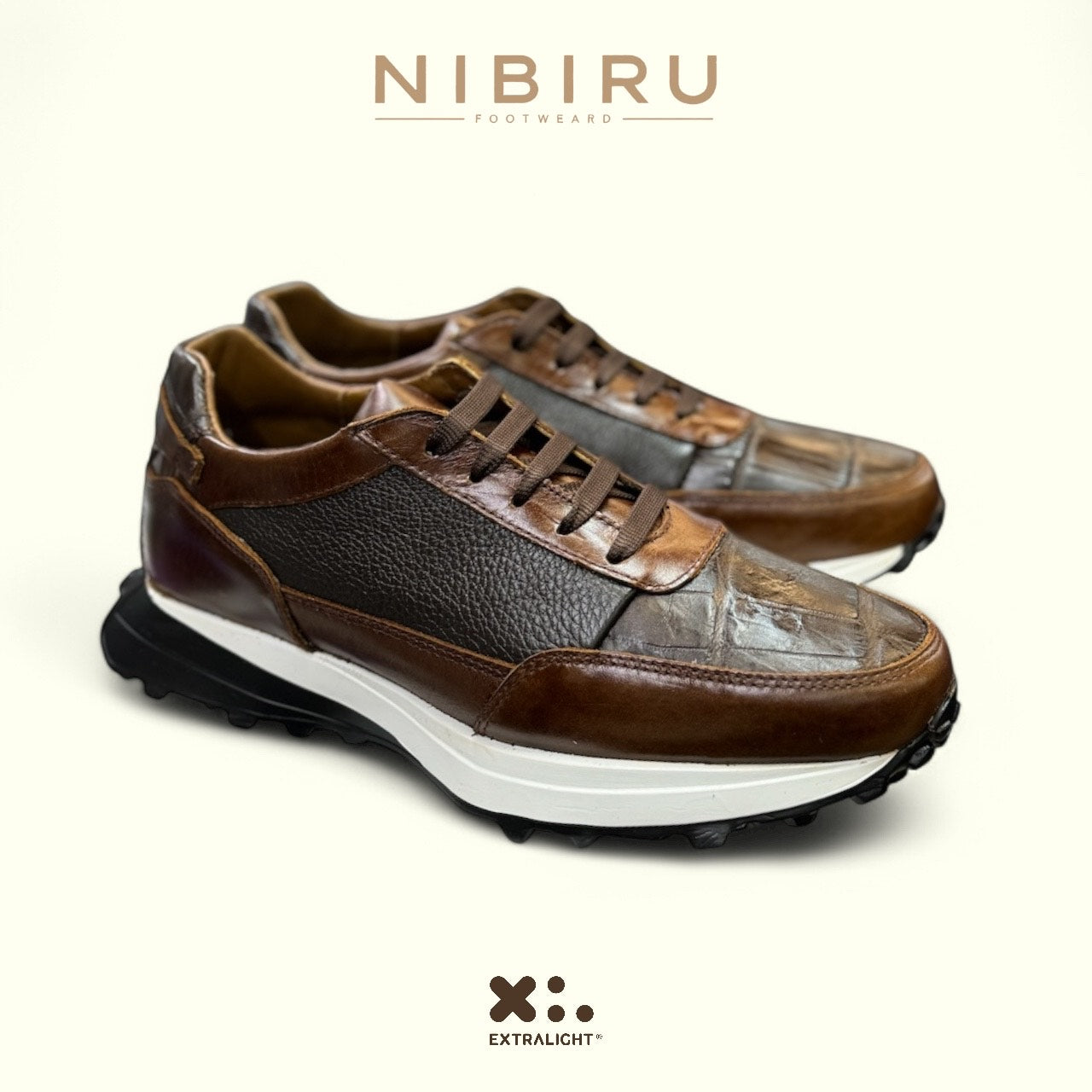 sneakers de piel coñac becerro / piel alligator cafe tabaco suela extralight 20k