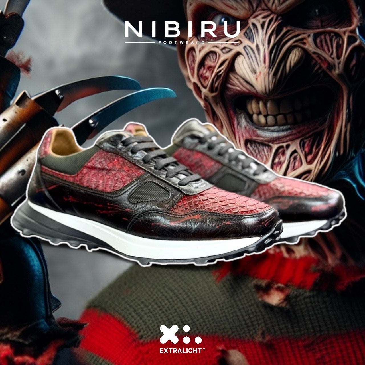 sneaker de piel negro pull up / piel exotica piton snake cherry / edicion especial freddy krueger