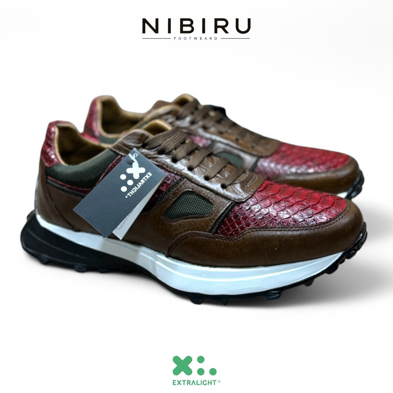 sneaker de piel cafe pull up / piel exotica serpiente cereza piton legitimo mod 20k64 extralight