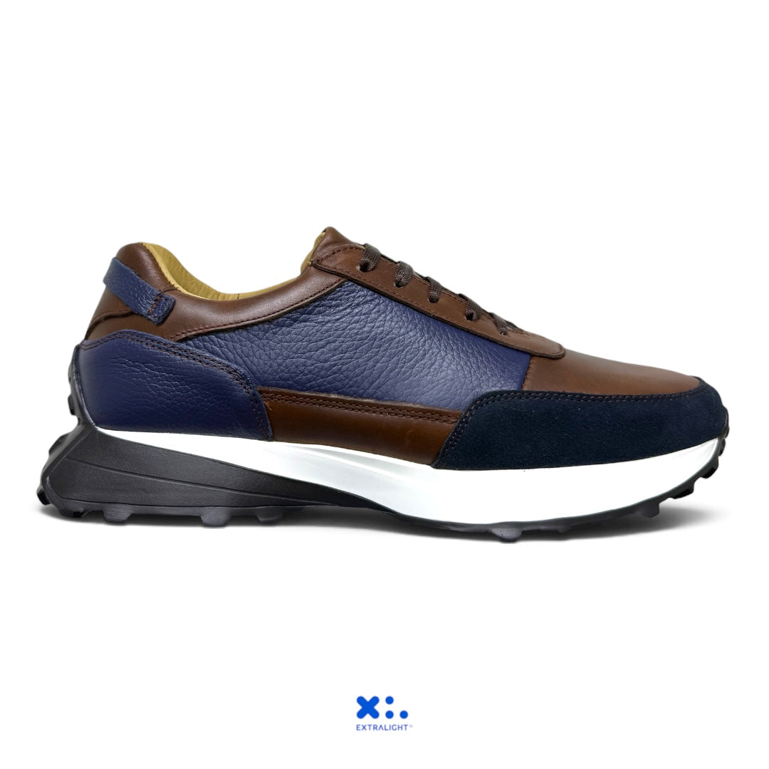 sneaker de piel coñac venado azul gamuza navy 20k extralight