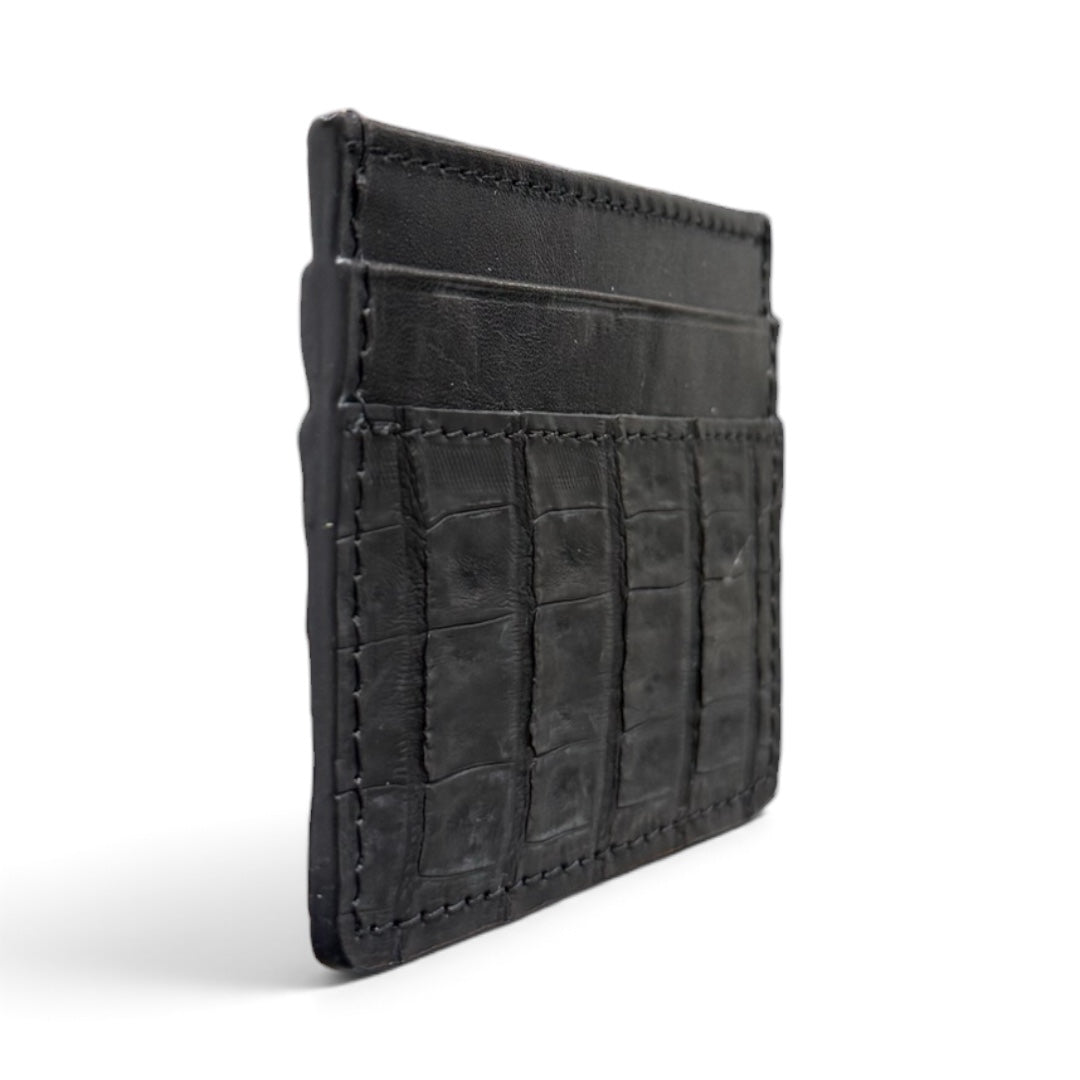 tarjetero de piel exotica cocodrilo cayman black mate