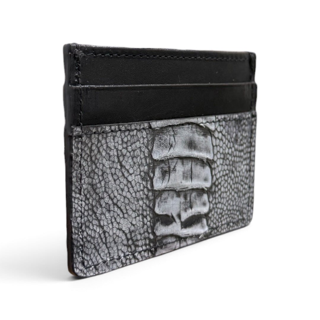 tarjetero de piel exotica avestruz leg gray mate
