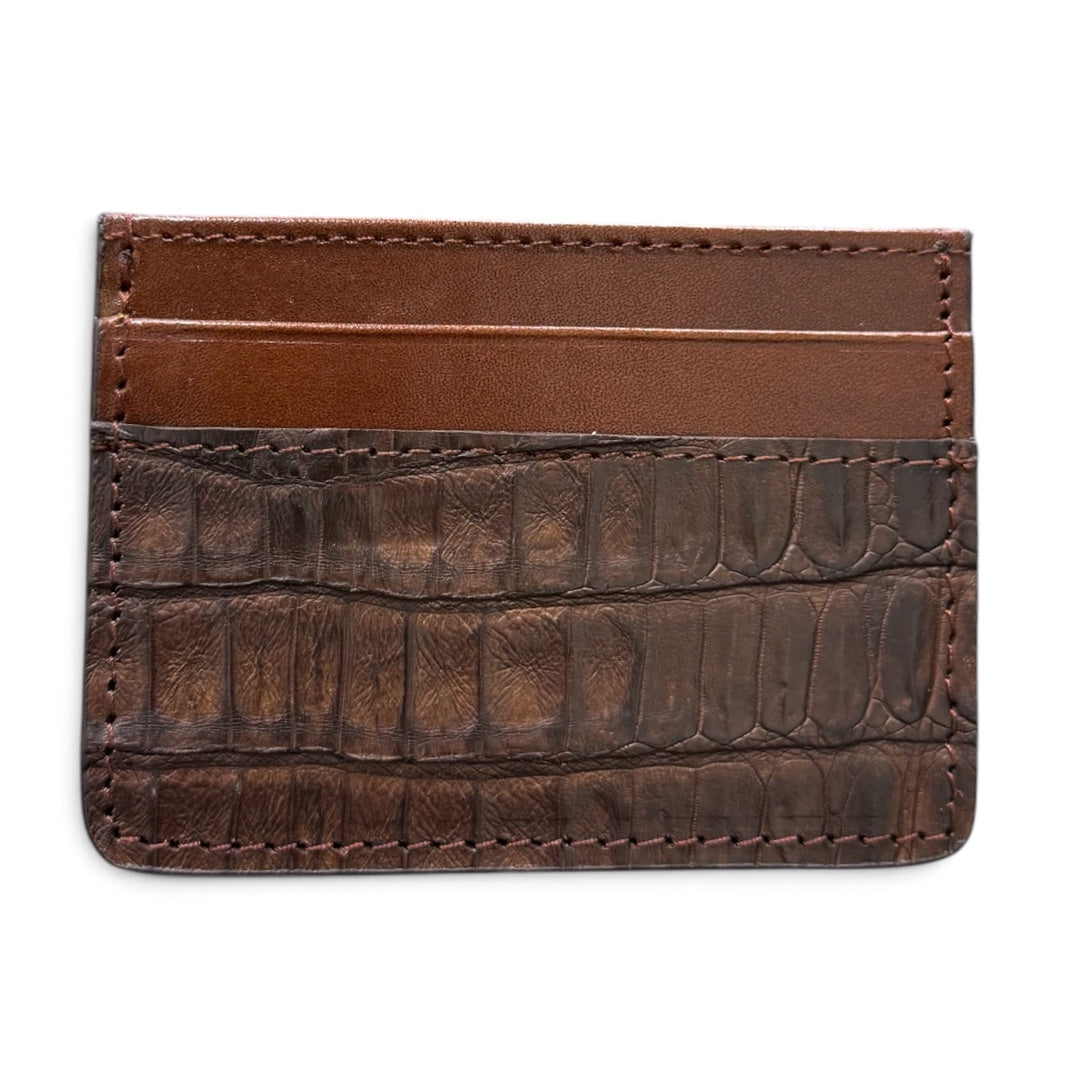 tarjetero de piel exotica cocodrilo cayman coñac