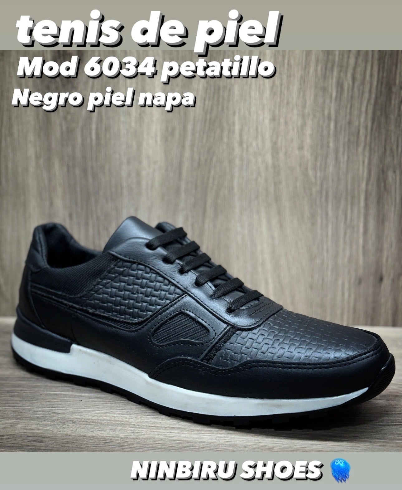 tenis de piel negro napa / grabado petatillo mod 6034