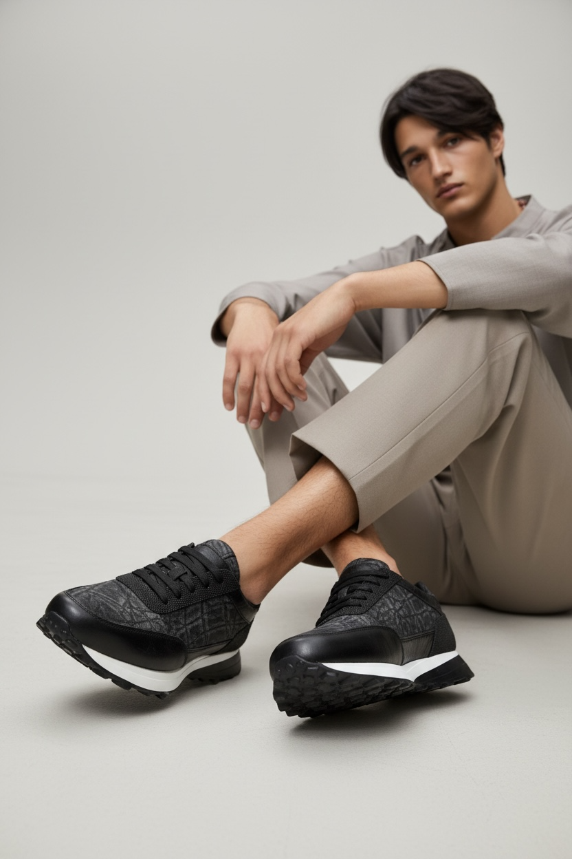 sneakers de piel becerro & mantarraya negro / piel legitima de elefante gris mod 20k