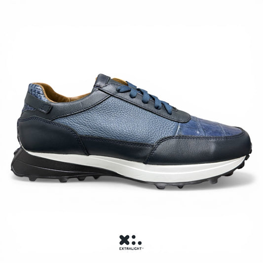 sneaker de piel venado aplicacion piel cocodrilo color azul rey mod 20k