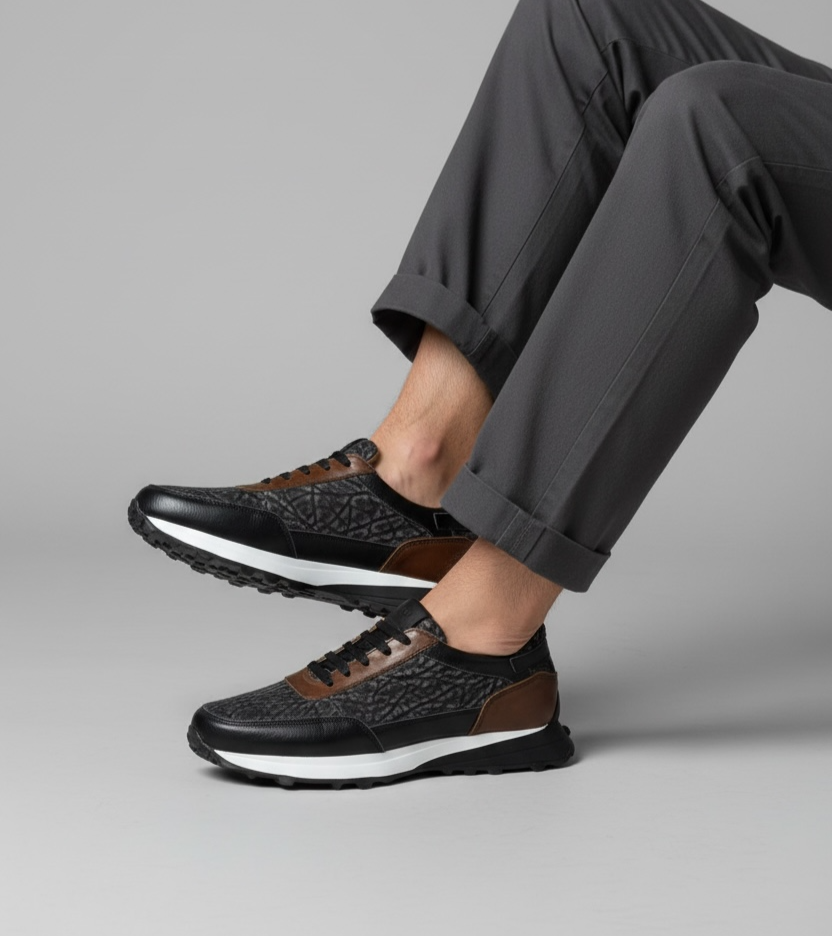 sneakers de piel suave becerro negro / piel legitima de elefante gris mod 20k