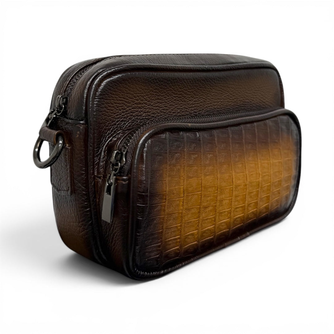 Bandolera piel venado / cocodrilo cayman miel Madero añejo