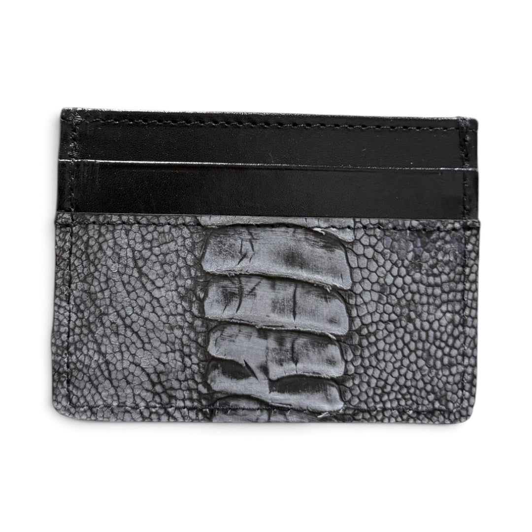 tarjetero de piel exotica avestruz leg gray mate