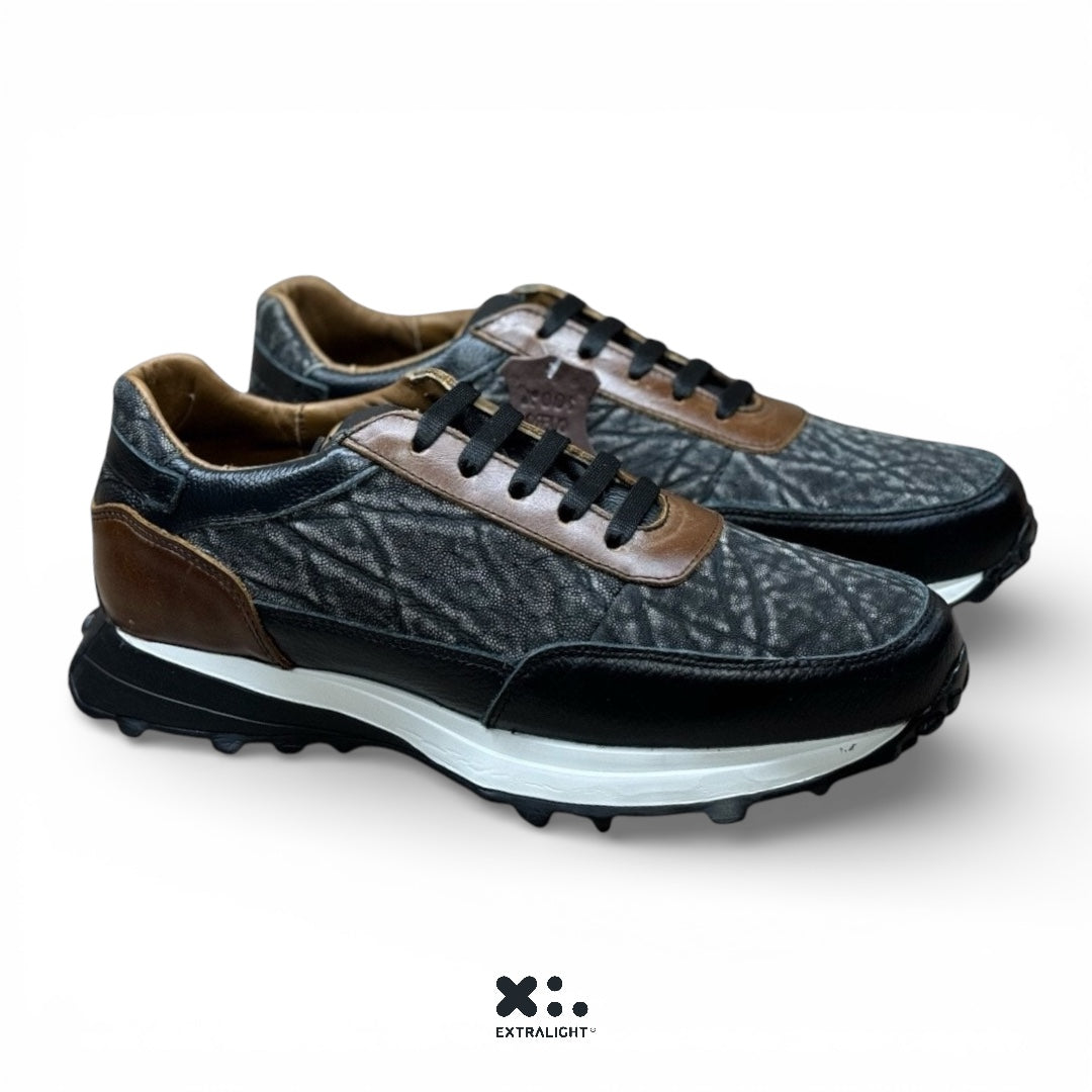 sneakers de piel suave becerro negro / piel legitima de elefante gris mod 20k