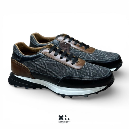 sneakers de piel suave becerro negro / piel legitima de elefante gris mod 20k