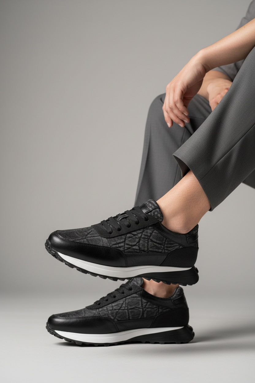 sneakers de piel becerro & mantarraya negro / piel legitima de elefante gris mod 20k