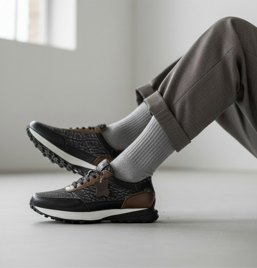 sneakers de piel suave becerro negro / piel legitima de elefante gris mod 20k