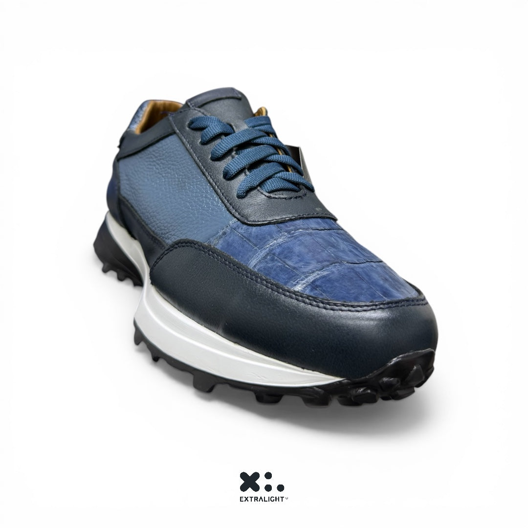 sneaker de piel venado aplicacion piel cocodrilo color azul rey mod 20k