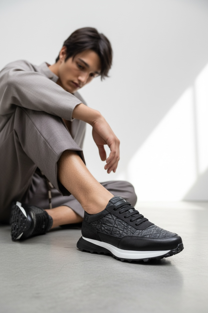 sneakers de piel becerro & mantarraya negro / piel legitima de elefante gris mod 20k