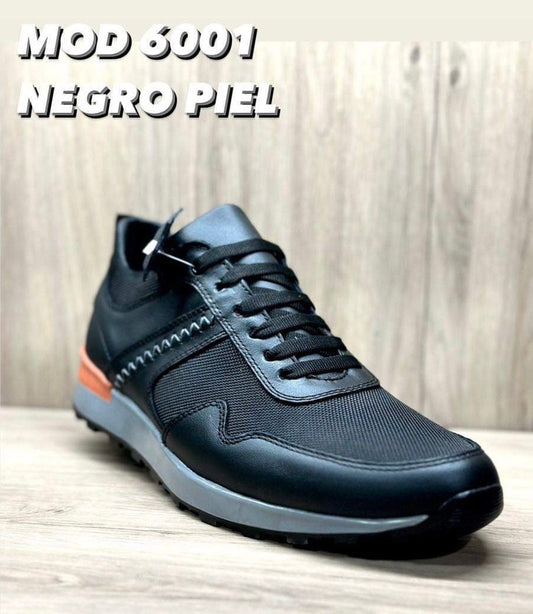 tenis de piel negro napa / poliester negro / suela gris naranja