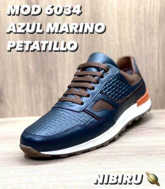 tenis de piel azul napa / grabado petatillo mod 6034 suela mandarina