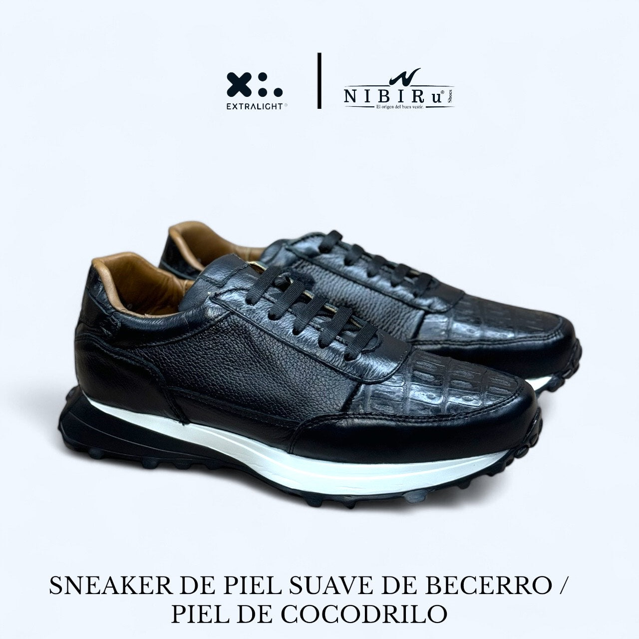 sneaker de piel venado aplicacion piel de cocodrilo color negro carbon mod 20k