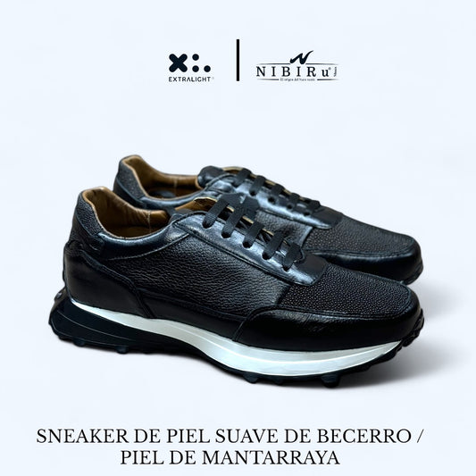 sneaker de piel venado aplicacion piel mantarraya negro prisma genuina mod 20k