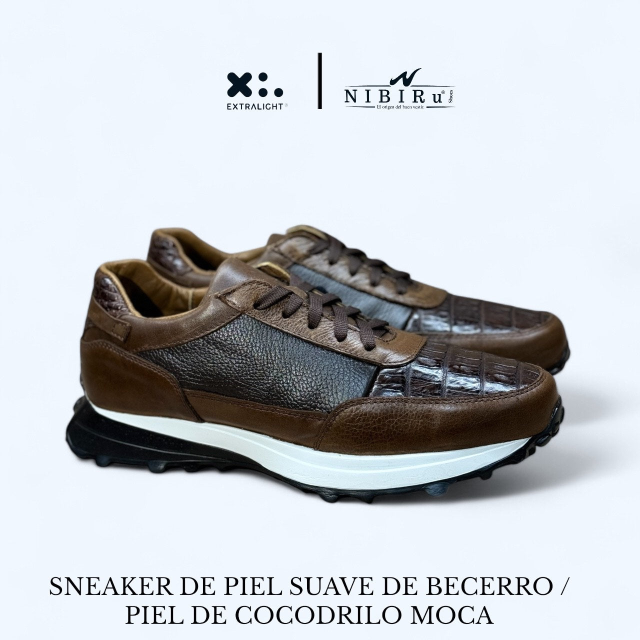 sneaker de piel venado aplicacion piel cocodrilo color cafe tabaco mod 20k