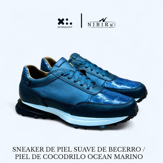 sneaker de piel venado aplicacion piel cocodrilo color azul rey mod 20k