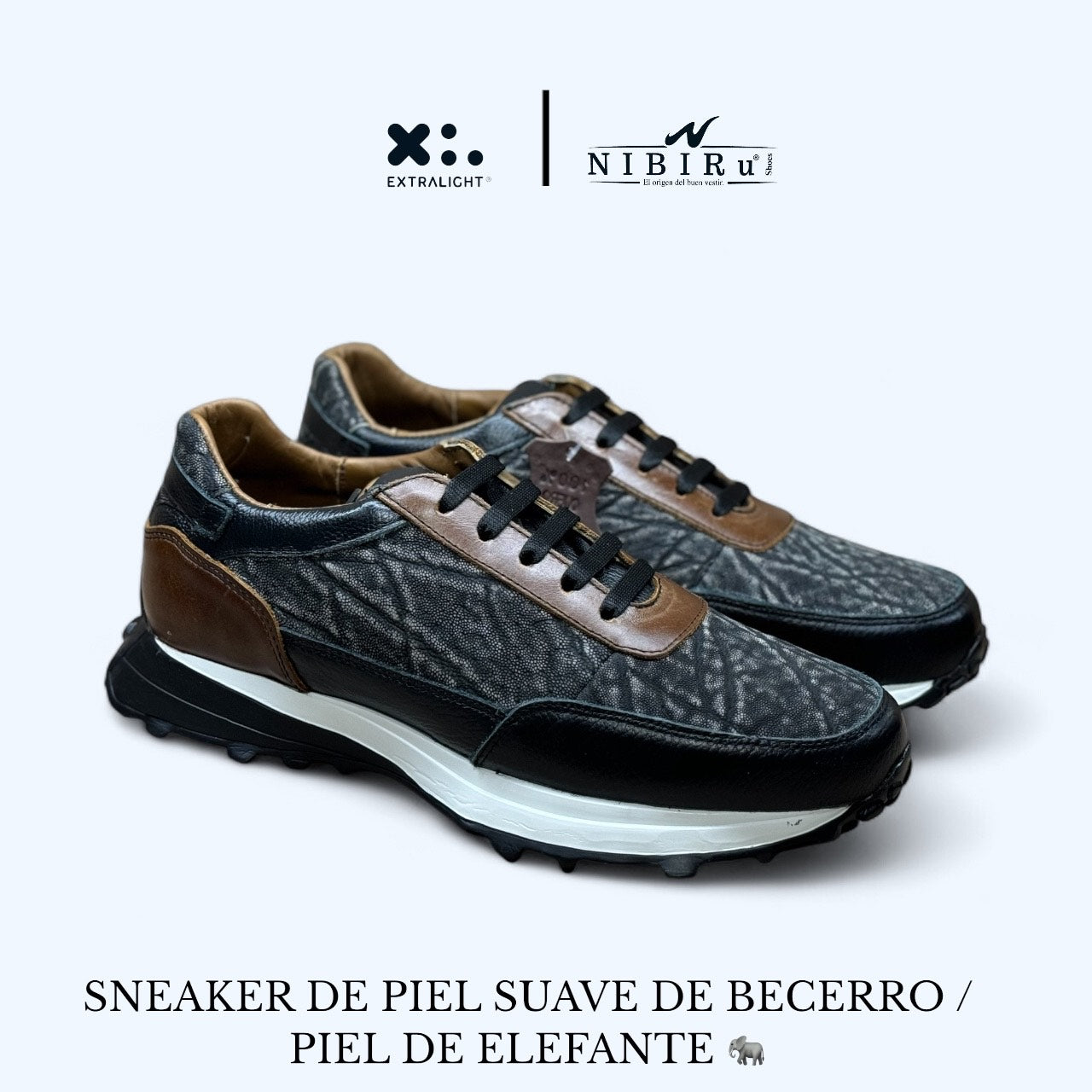 sneakers de piel suave becerro negro / piel legitima de elefante gris mod 20k