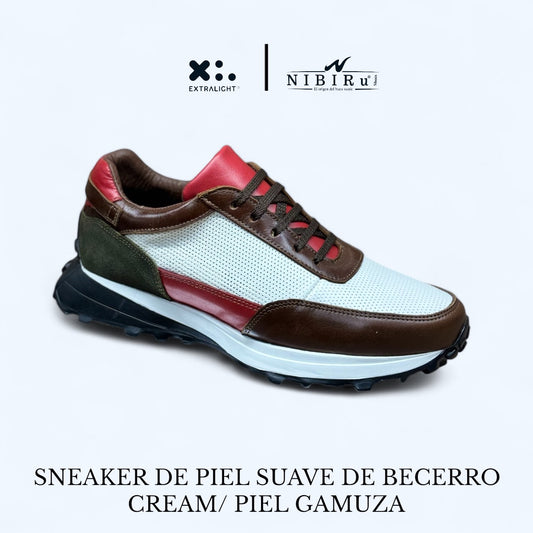 sneaker piel estilo casual/ formal color napolitano crema pieles napa y pullup detalles en rojo