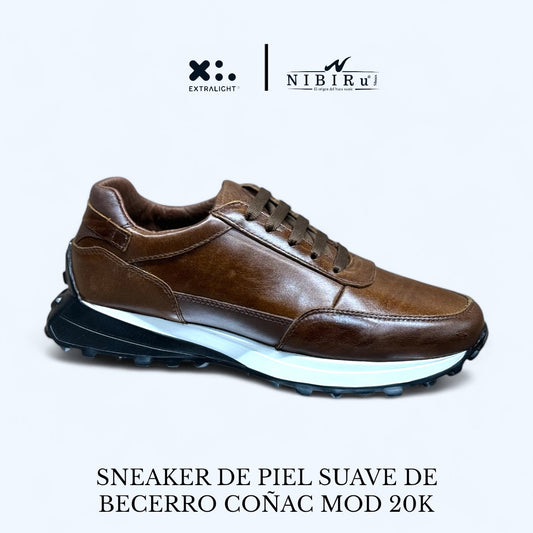 sneaker de piel suave de becerro color coñac / acabado pull piel / mod 20k