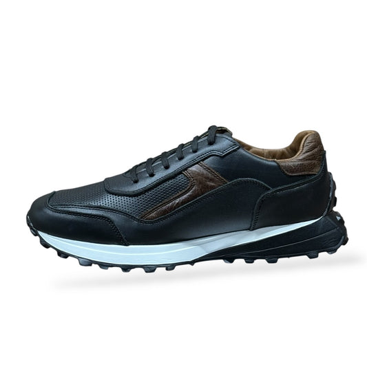 sneaker de piel napa color negro tabaco detalle perfordo punto performante