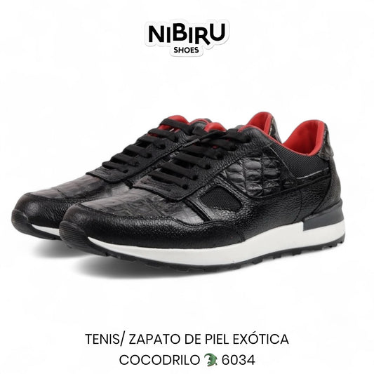 tenis de piel flother toro / piel negra legitima de cocodrilo  6034