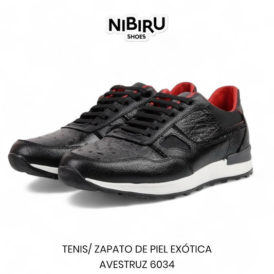 tenis de piel flother toro / piel negra legitima de avestruz negro carbon 6034