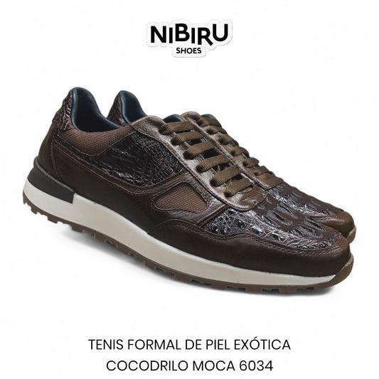 tenis de piel flother toro / piel legitima de cocodrilo color chocolate late 6034