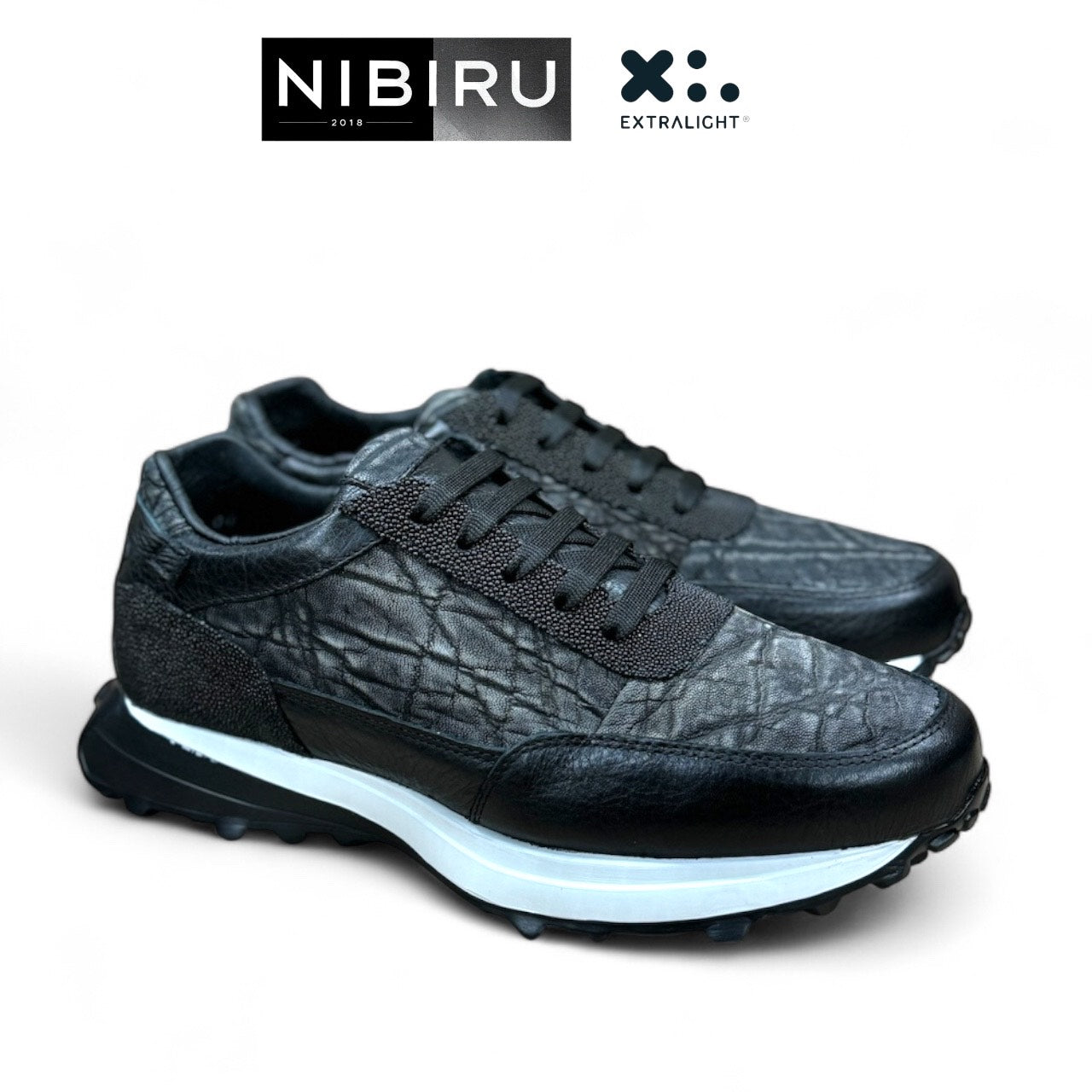 sneakers de piel becerro & mantarraya negro / piel legitima de elefante gris mod 20k