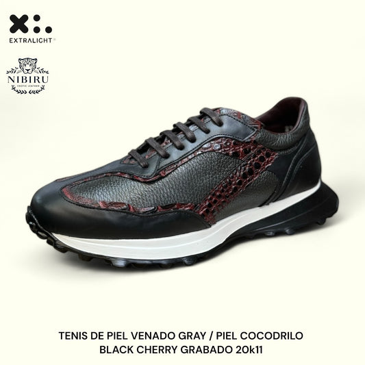 sneaker de piel venado gris oxford / piel grabado cocodrilo cherry 20k11 suela extraligera