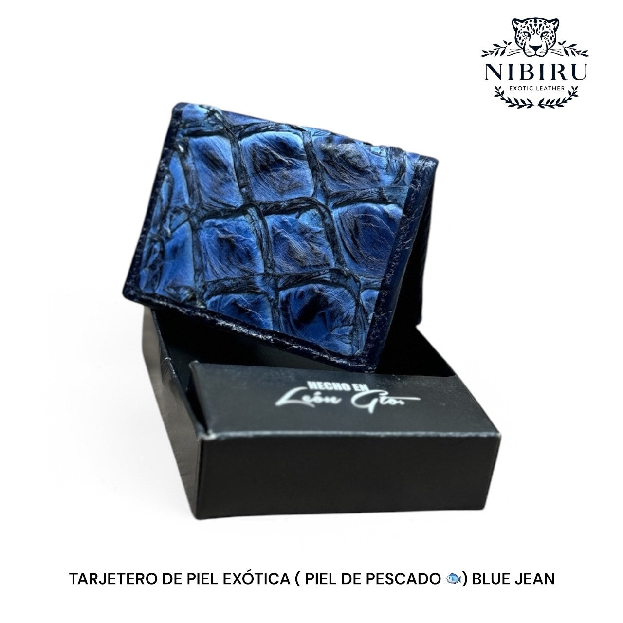 tarjetero de piel exotica pescado blue jean