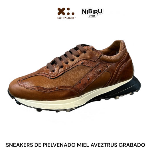 sneaker de piel venado miel shedron / piel grabado aveztrus miel 20k11 suela extraligera