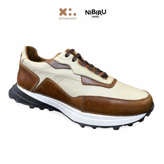 sneaker de piel de venado cream con piel brandy suela extraligera mod 20k99