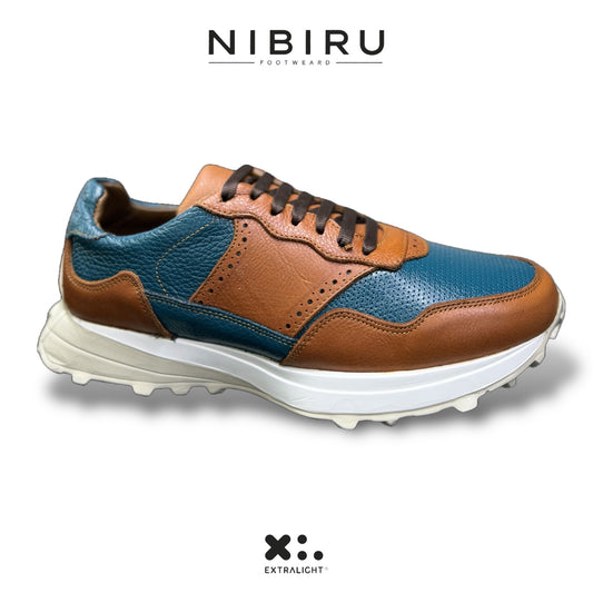 sneaker de piel flother color mandarina / azul turquesa suela extraligera mod 20k10