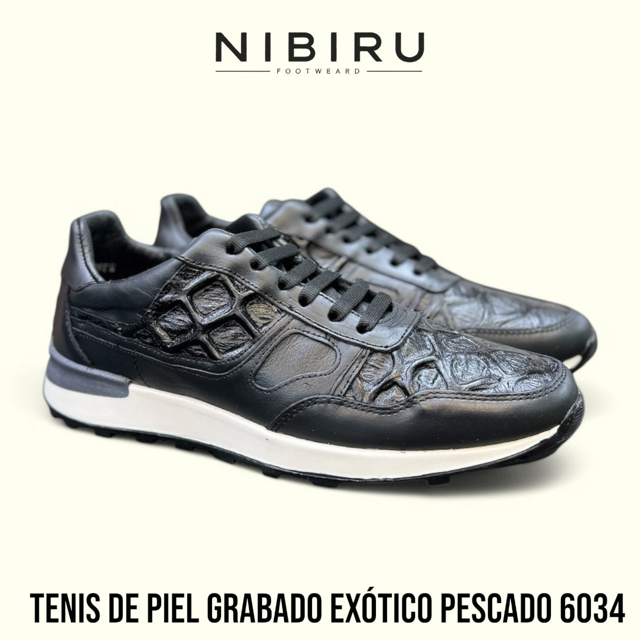 tenis de piel grabado exotico pescado negro 6034