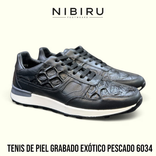 tenis de piel grabado exotico pescado negro 6034