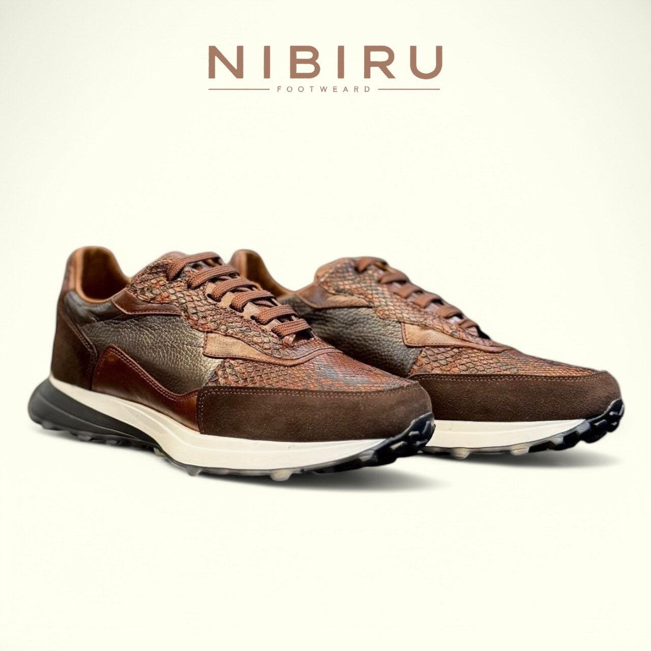 sneaker de piel venado cafe / gamuza cafe / piel exotico snake cafe suela extralight