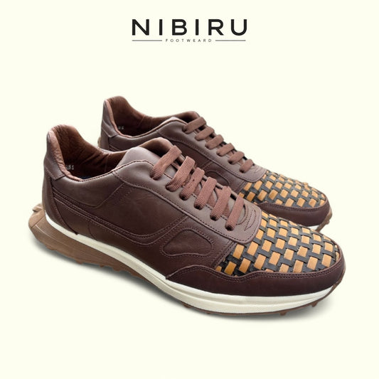 tenis artesanal de piel napa cafe tejido a mano mod 6034