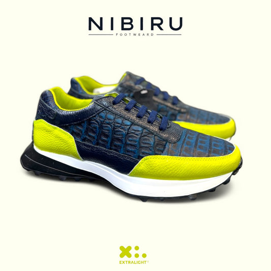 sneakers sports golf de piel becerro amarillo neon / venado azul / piel exotico cocodrile blue monster 20k extralight
