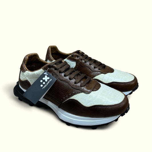 sneaker de piel cafe tabaco pull up / piel exotica cocodrilo blanco 20k10 extralight